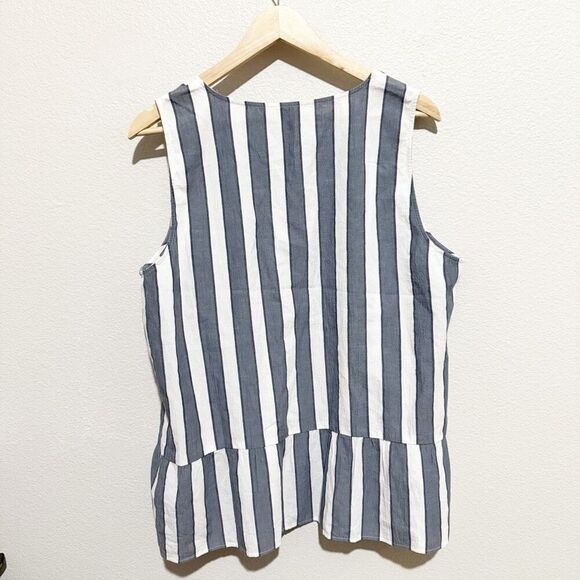 ANN TAYLOR LOFT | Gray Charcoal Off White Stripe Peplum Tank Top Split Neck | XL - Picture 2 of 7